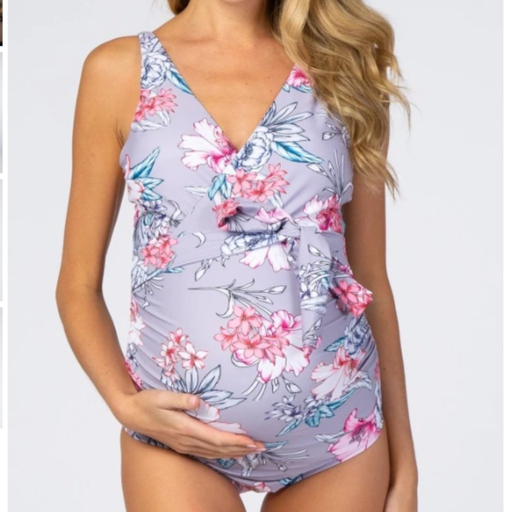 Lavender Floral Waist Tie Maternity One-Piece Swim